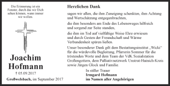 Traueranzeige von Joachim Hofmann von Thüringer Allgemeine, Thüringische Landeszeitung