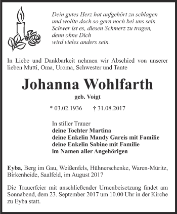 Traueranzeige von Johanna Wohlfarth von Ostthüringer Zeitung