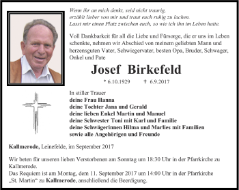 Traueranzeige von Josef Birkefeld von Thüringer Allgemeine