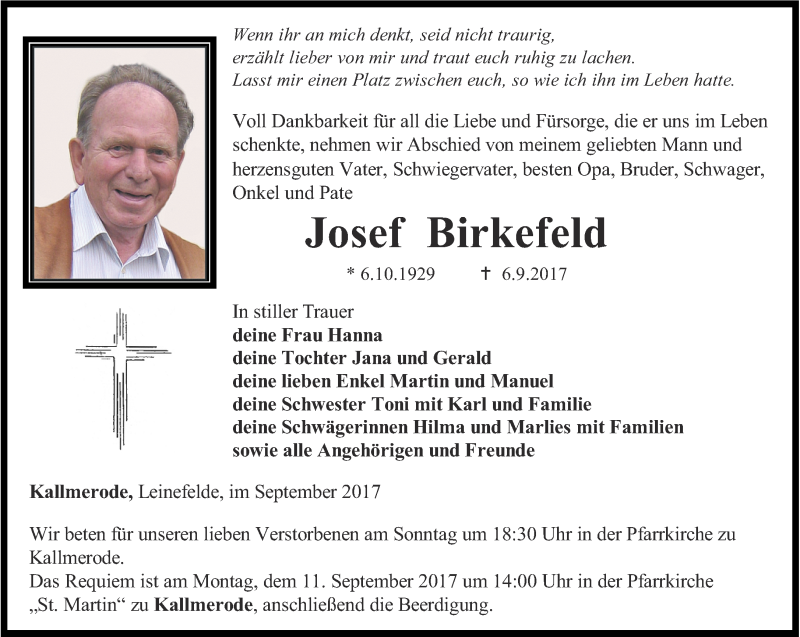  Traueranzeige für Josef Birkefeld vom 09.09.2017 aus Thüringer Allgemeine