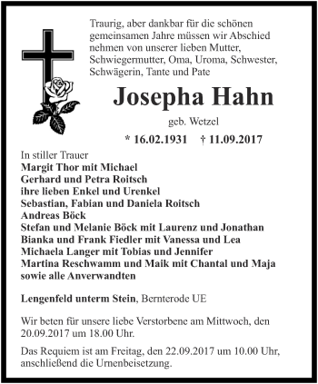 Traueranzeige von Josepha Hahn von Thüringer Allgemeine
