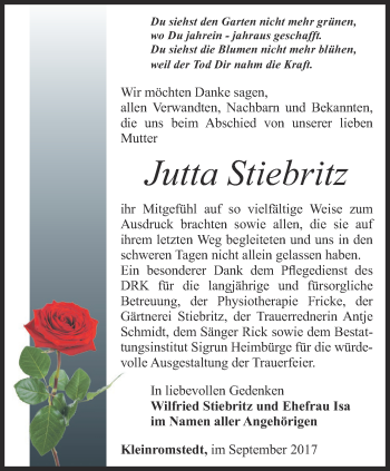 Traueranzeige von Jutta Stiebritz von Thüringer Allgemeine, Thüringische Landeszeitung