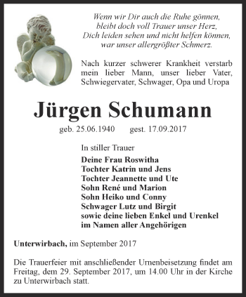 Traueranzeige von Jürgen Schumann von Ostthüringer Zeitung