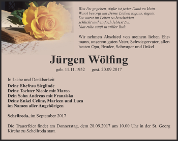 Traueranzeige von Jürgen Wölfing von Thüringer Allgemeine, Thüringische Landeszeitung