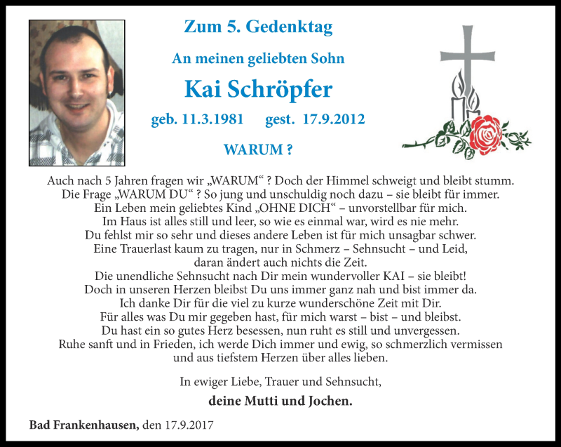  Traueranzeige für Kai Schröpfer vom 16.09.2017 aus Thüringer Allgemeine