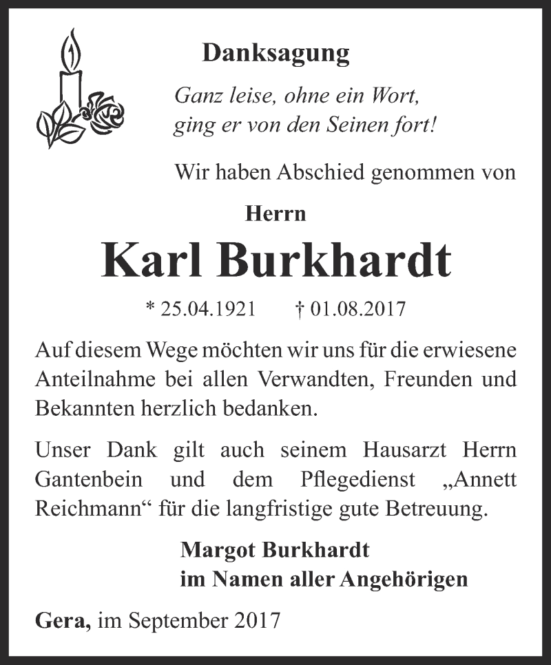  Traueranzeige für Karl Burkhardt vom 02.09.2017 aus Ostthüringer Zeitung