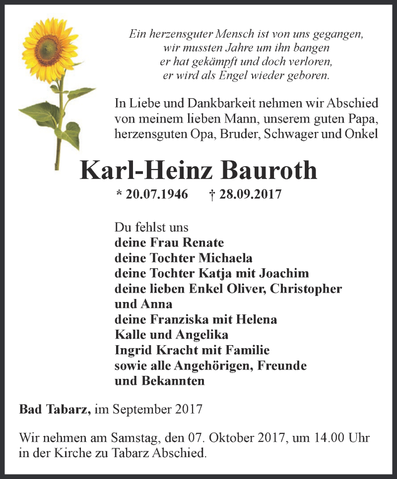  Traueranzeige für Karl-Heinz Bauroth vom 30.09.2017 aus Ostthüringer Zeitung, Thüringische Landeszeitung