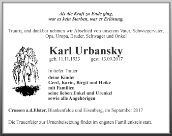 Traueranzeige von Karl Urbansky von Ostthüringer Zeitung