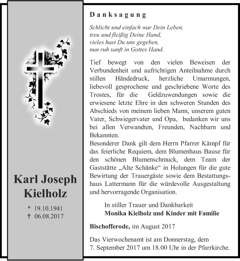  Traueranzeige für Karl Joseph Kielholz vom 02.09.2017 aus Thüringer Allgemeine