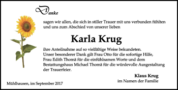 Traueranzeige von Karla Krug von Thüringer Allgemeine, Thüringische Landeszeitung
