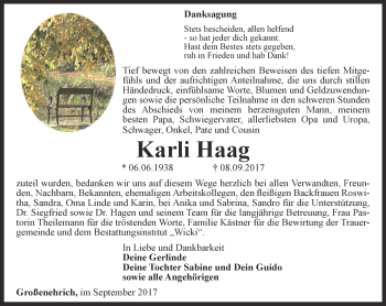 Traueranzeige von Karli Haag von Thüringer Allgemeine