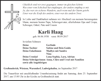 Traueranzeige von Karli Haag von Thüringer Allgemeine