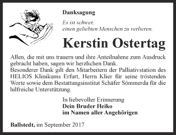 Traueranzeige von Kerstin Ostertag von Thüringer Allgemeine, Thüringische Landeszeitung