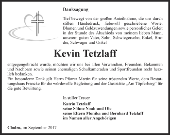 Traueranzeige von Kevin Tetzlaff von Ostthüringer Zeitung