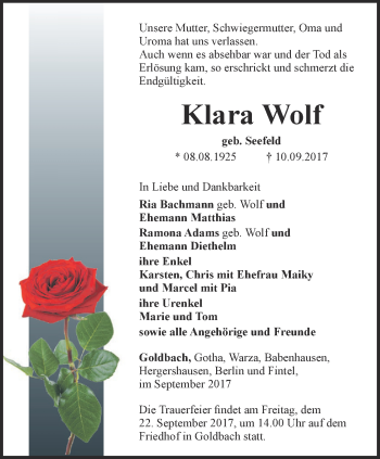 Traueranzeige von Klara Wolf von Ostthüringer Zeitung, Thüringische Landeszeitung