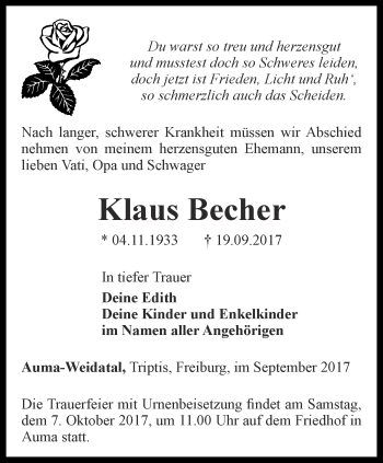 Traueranzeige von Klaus Becher von Ostthüringer Zeitung