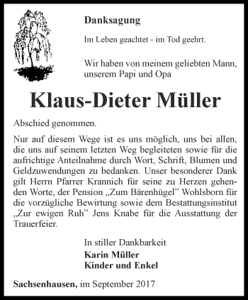 Traueranzeige von Klaus-Dieter Müller von Thüringer Allgemeine, Thüringische Landeszeitung