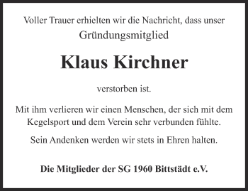 Traueranzeige von Klaus Kirchner von Thüringer Allgemeine