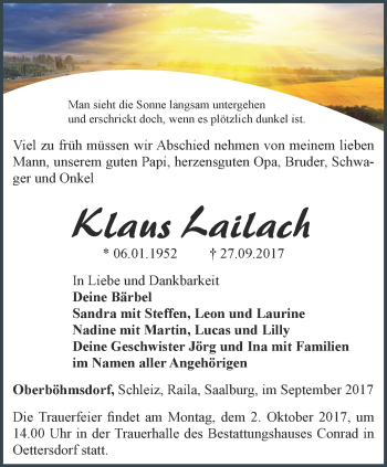 Traueranzeige von Klaus Lailach von Ostthüringer Zeitung