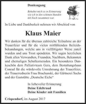 Traueranzeige von Klaus Maier von Ostthüringer Zeitung