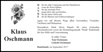 Traueranzeige von Klaus Oschmann von Ostthüringer Zeitung