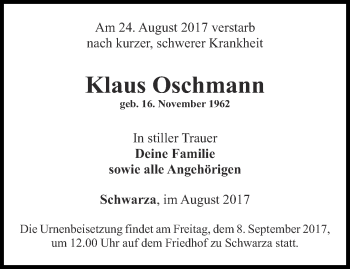 Traueranzeige von Klaus Oschmann von Ostthüringer Zeitung