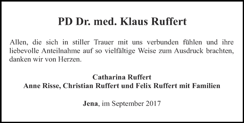  Traueranzeige für Klaus Ruffert vom 02.09.2017 aus Ostthüringer Zeitung, Thüringische Landeszeitung