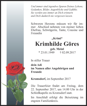 Traueranzeige von Krimhilde Göres von Thüringer Allgemeine, Thüringische Landeszeitung