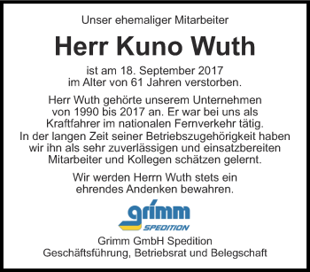 Traueranzeige von Kuno Wuth von Ostthüringer Zeitung, Thüringische Landeszeitung