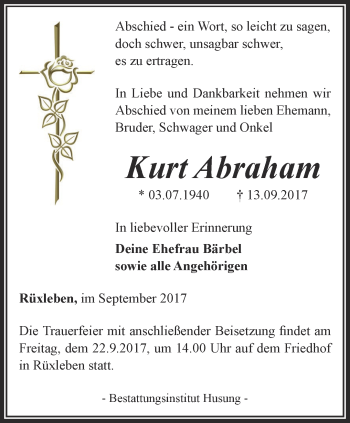 Traueranzeige von Kurt Abraham von Thüringer Allgemeine