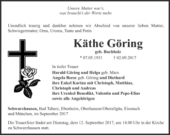 Traueranzeige von Käthe Göring von Ostthüringer Zeitung, Thüringische Landeszeitung