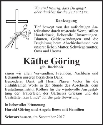 Traueranzeige von Käthe Göring von Ostthüringer Zeitung, Thüringische Landeszeitung