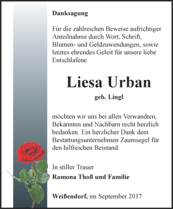 Traueranzeige von Liesa Urban von Ostthüringer Zeitung