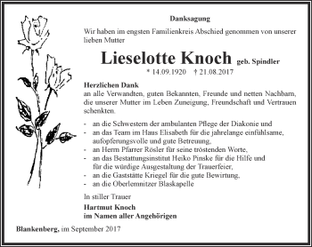 Traueranzeige von Lieselotte Knoch von Ostthüringer Zeitung