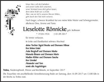 Traueranzeige von Lieselotte Rönnicke von Thüringer Allgemeine