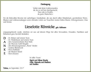 Traueranzeige von Lieselotte Rönnicke von Thüringer Allgemeine