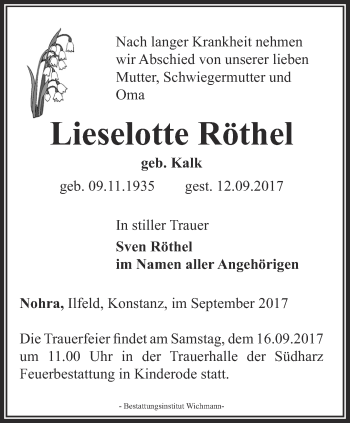Traueranzeige von Lieselotte Röthel von Thüringer Allgemeine