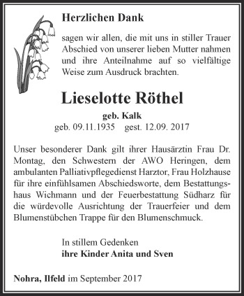 Traueranzeige von Lieselotte Röthel von Thüringer Allgemeine