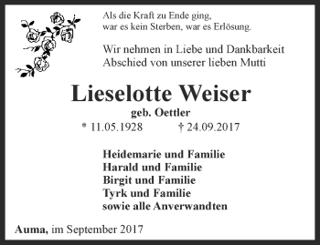 Traueranzeige von Lieselotte Weiser von Ostthüringer Zeitung