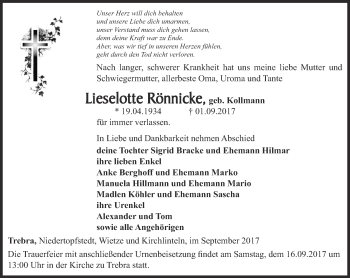 Traueranzeige von Lieslotte Rönnicke von Thüringer Allgemeine