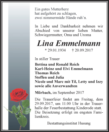 Traueranzeige von Lina Emmelmann von Thüringer Allgemeine