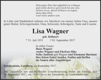 Traueranzeige von Lisa Wagner von Thüringer Allgemeine