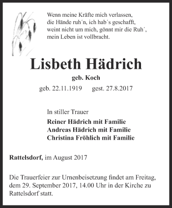 Traueranzeige von Lisbeth Hädrich von Ostthüringer Zeitung