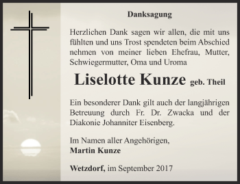 Traueranzeige von Liselotte Kunze von Ostthüringer Zeitung