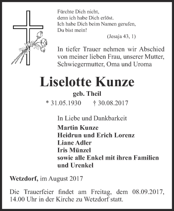 Traueranzeige von Liselotte Kunze von Ostthüringer Zeitung