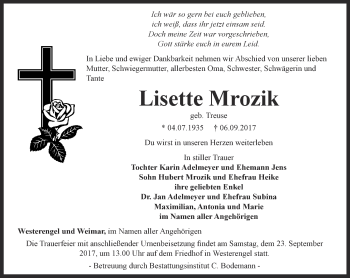 Traueranzeige von Lisette Mrozik von Thüringer Allgemeine