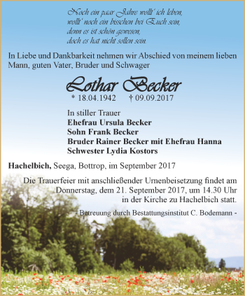 Traueranzeige von Lothar Becker von Thüringer Allgemeine