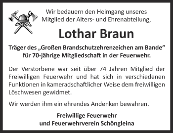 Traueranzeige von Lothar Braun von Ostthüringer Zeitung