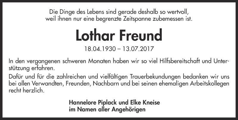  Traueranzeige für Lothar Freund vom 02.09.2017 aus Thüringer Allgemeine, Thüringische Landeszeitung