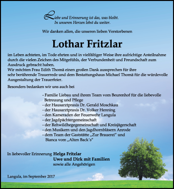 Traueranzeige von Lothar Fritzlar von Thüringer Allgemeine, Thüringische Landeszeitung